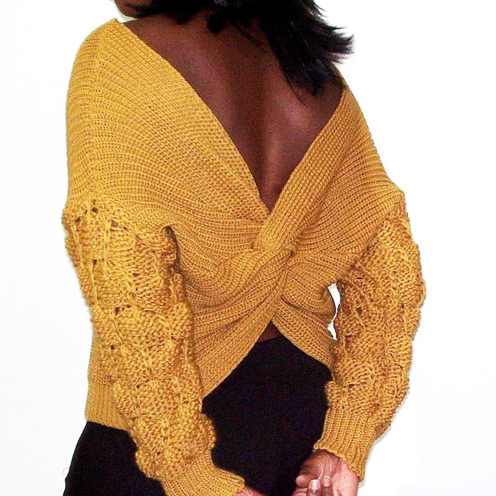 Mustard Bubble Sleeve Twist Sweater